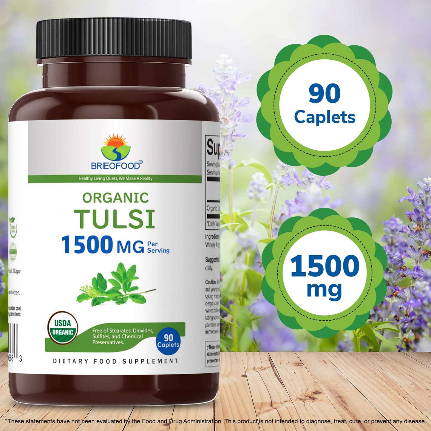 Brieofood Organic Tulsi (Holy Basil) 1500mg Tablets, 90 Count