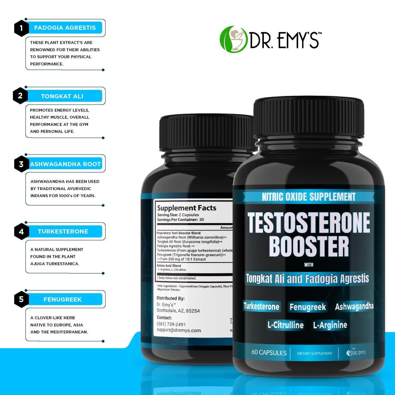 Dr. Emy's Testosterone Booster with Tongkat Ali, Fadogia Agrestis, Nitric Oxide, Ashwagandha, L-Arginine, Citrulline, Fenugreek, Turkesterone Pre-Workout Capsules, 60 Count