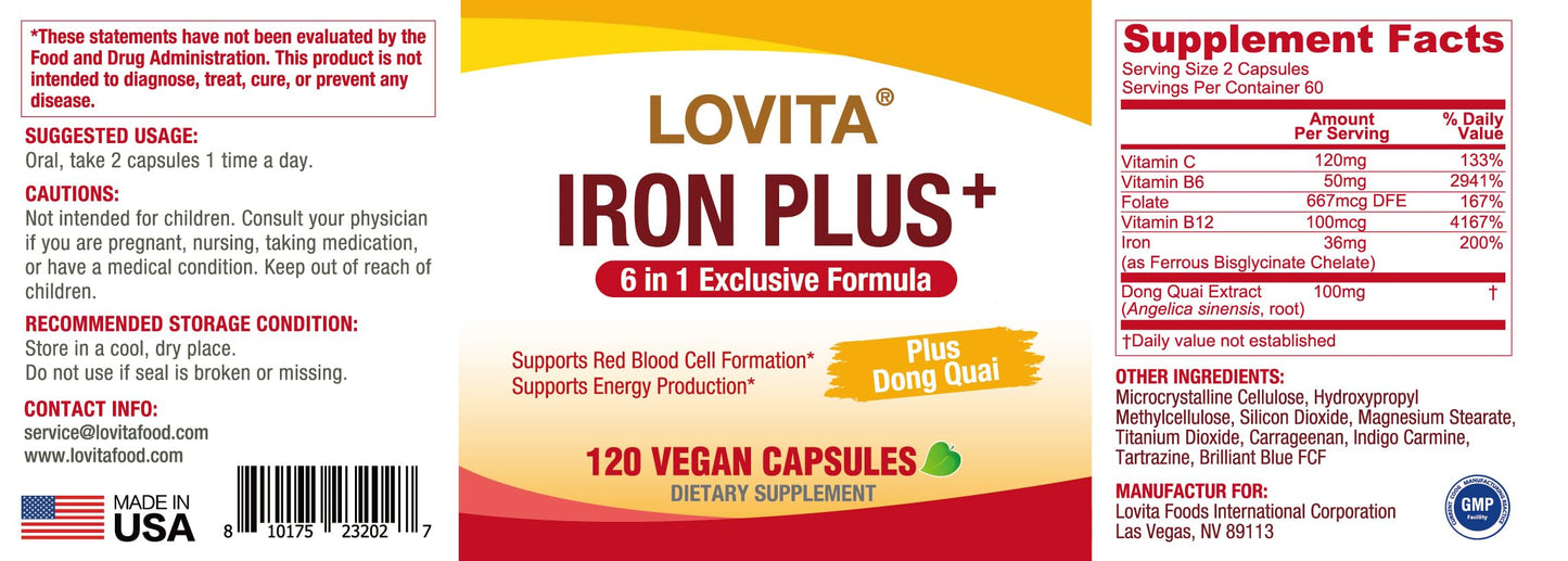 LOVITA Iron Plus Vegan Capsules, 120 Capsules