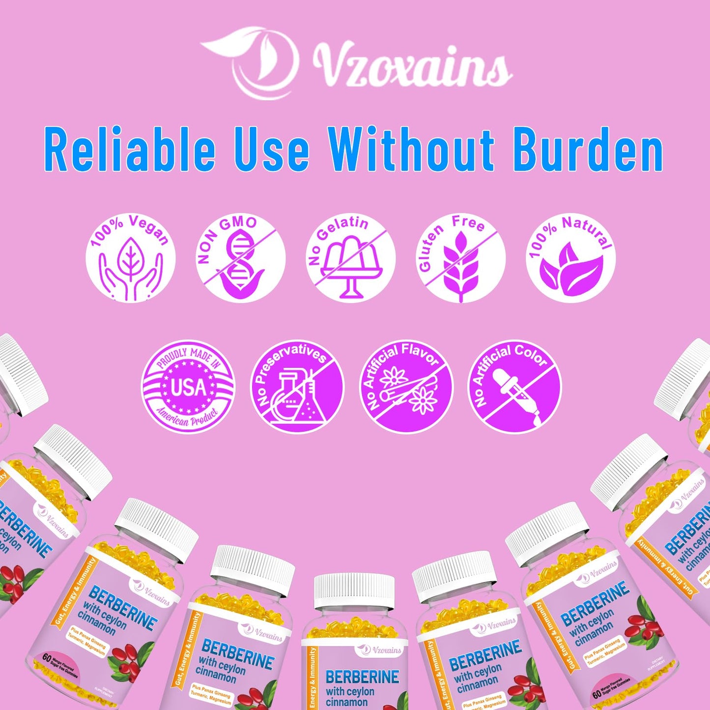 VZOXAINS Berberine with Ceylon Cinnamon Gummies, 60 Count