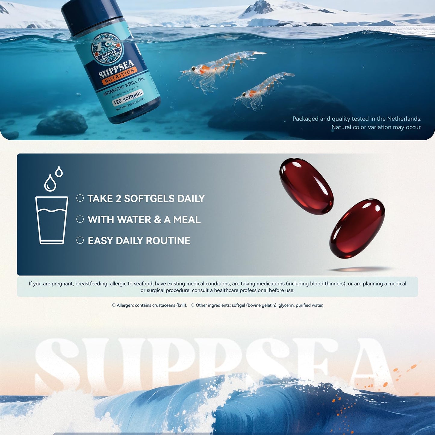SUPPSEA Antarctic Krill Oil 1,000 mg with Astaxanthin and Phospholipids, Omega 3 Fatty Acid Supplement, Extra Strength EPA & DHA Krill Oil Softgels 120