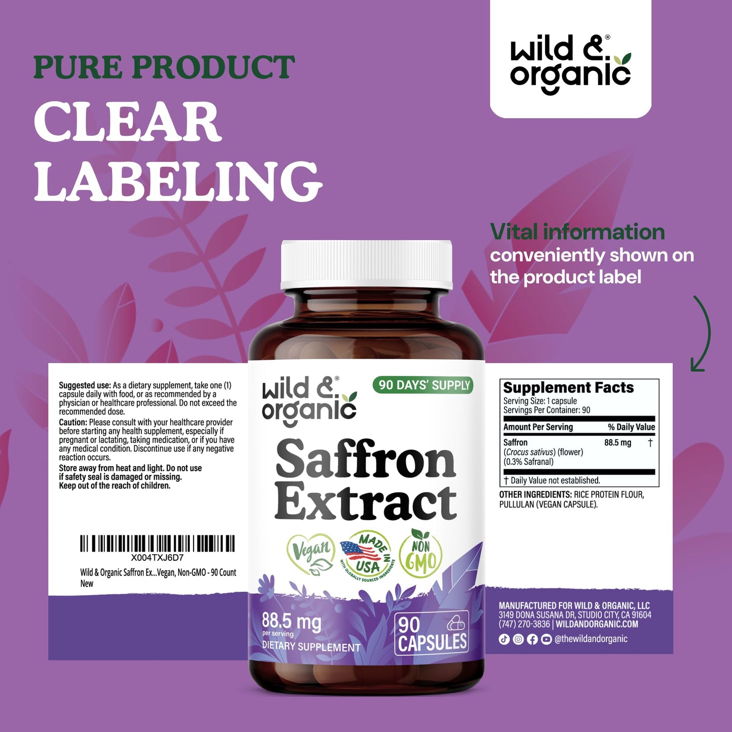 Wild & Organic Saffron Extract Capsules 88.5 mg 90 Count