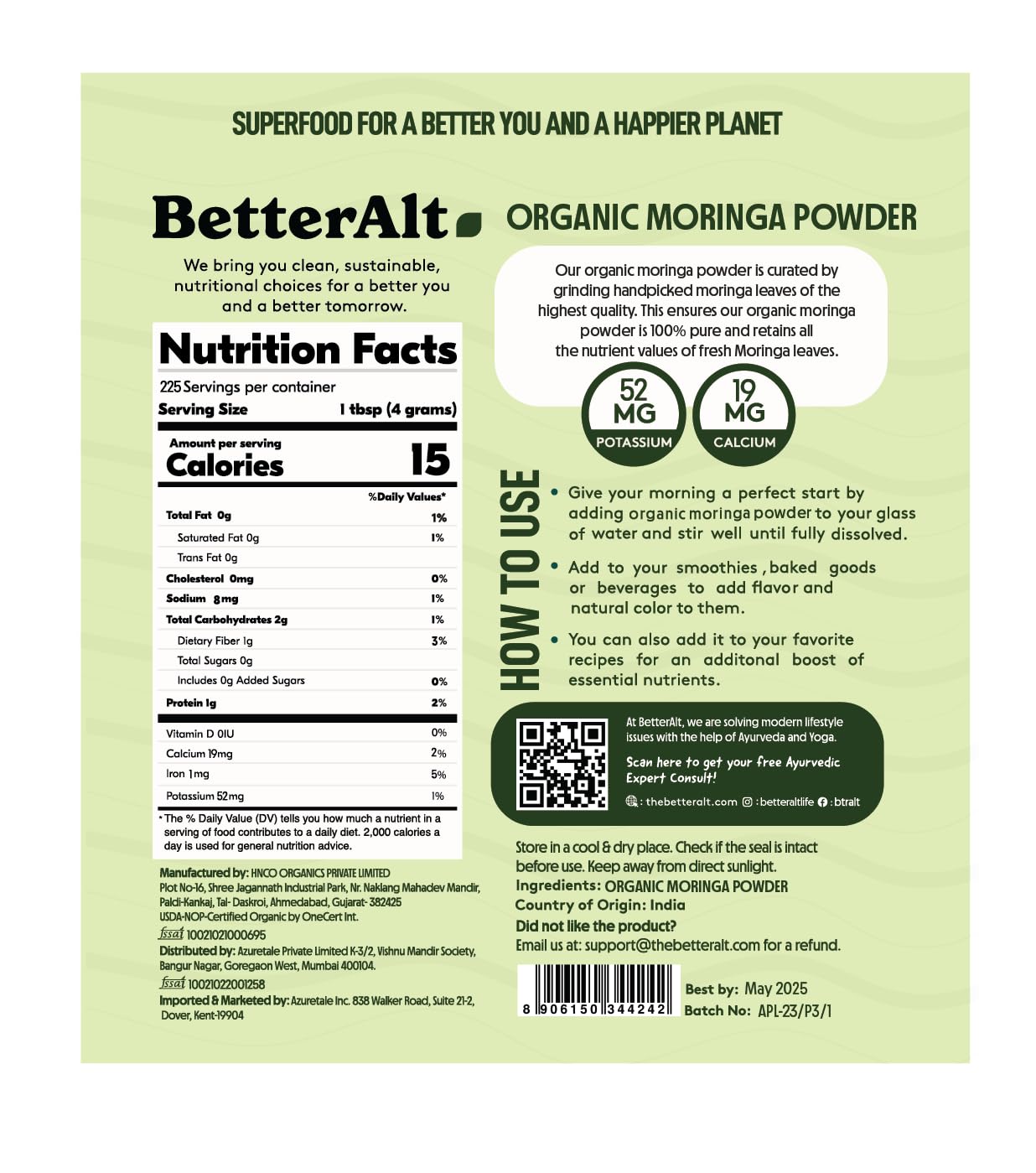 Better Alt Organic Moringa Powder 32 Ounce