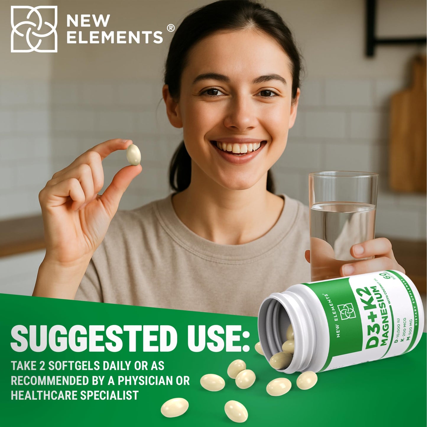 New Elements Vitamin D3 K2 10,000 IU with Magnesium Glycinate 500mg Softgels, 60 Count
