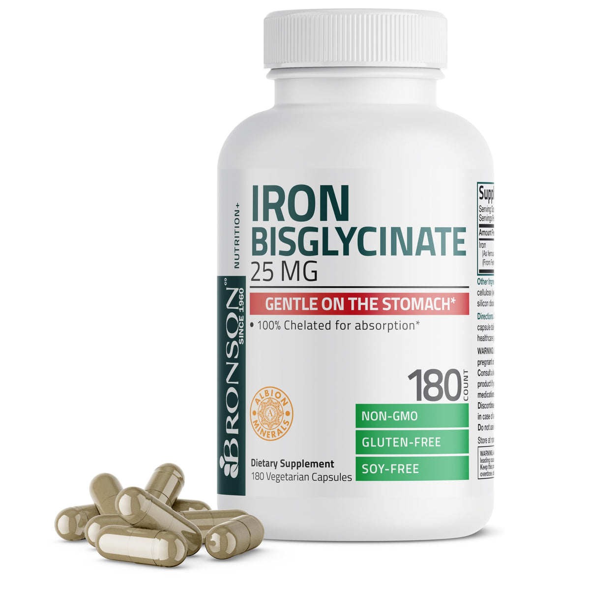 Bronson Iron Bisglycinate 25 mg, 180 Vegetarian Capsules