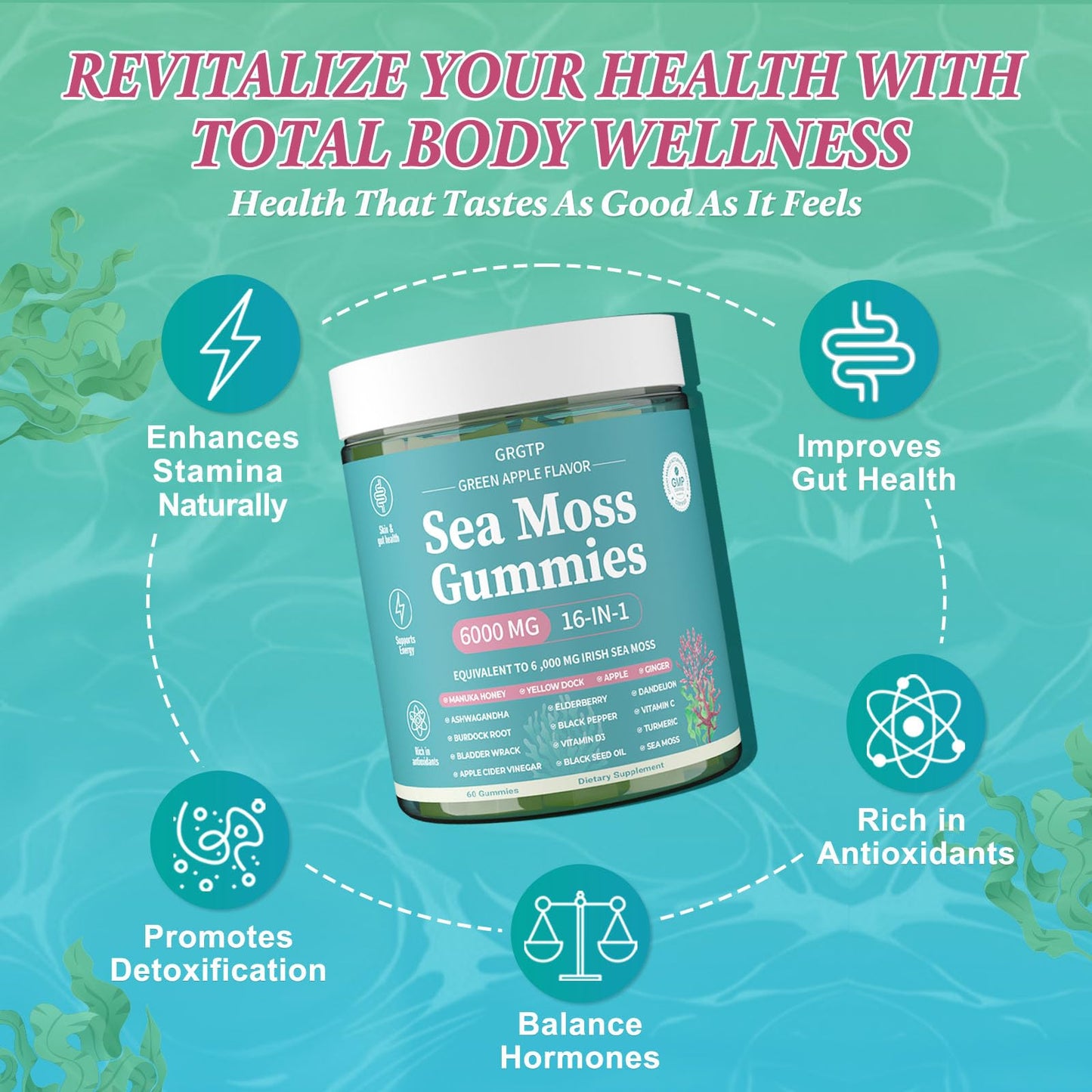 GRGTP Sea Moss Gummies 16-In-1 Gummy 60 Count