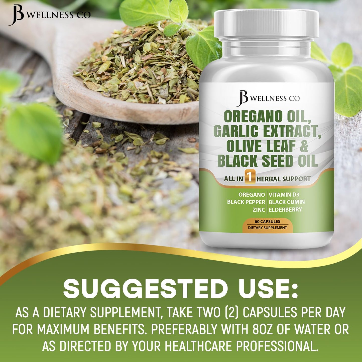 JB Wellness Co Oregano Oil, Garlic Extract, Olive Leaf with Astragalus Immune Support & Digestive Health Capsule, 180 Capsules