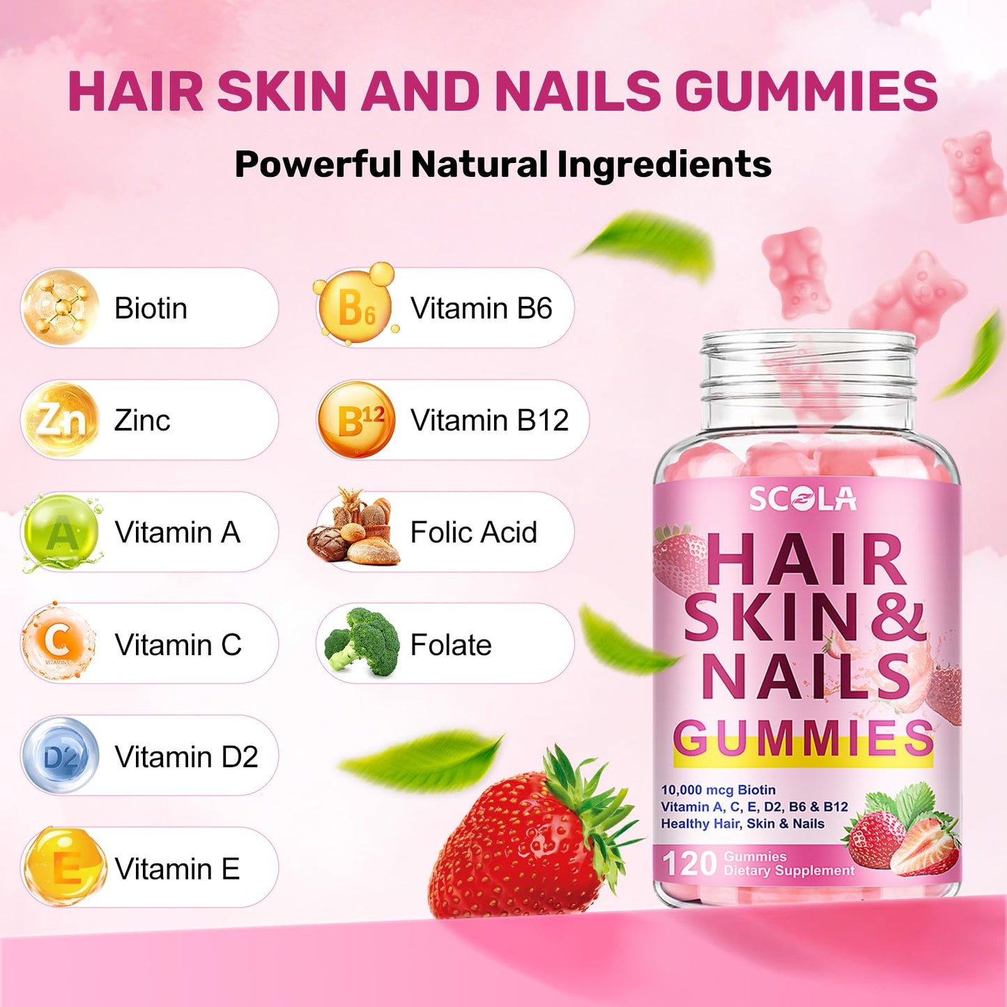 SCOLA Hair Skin and Nails Biotin 10,000mcg Gummies 120 Count