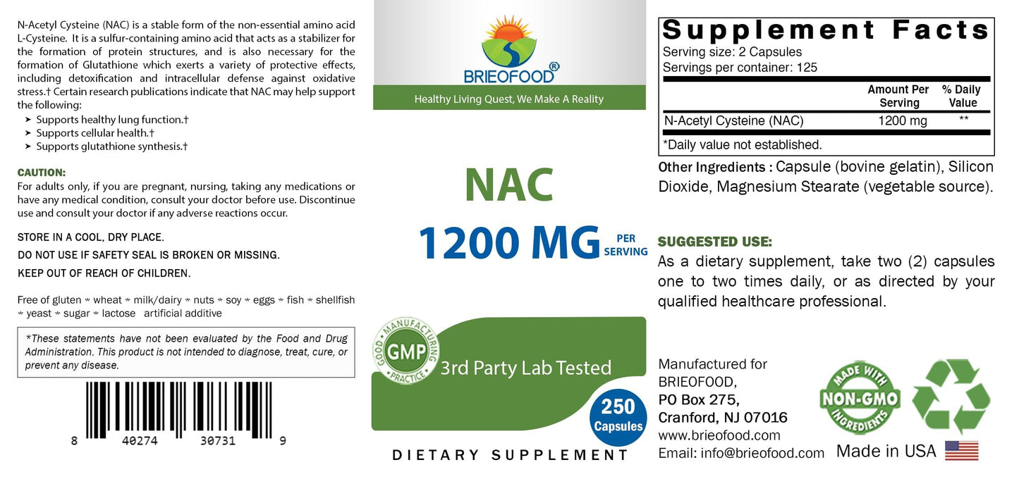Brieofood NAC Supplement N-Acetyl Cysteine 1200 mg per Serving Capsules, 250 Count