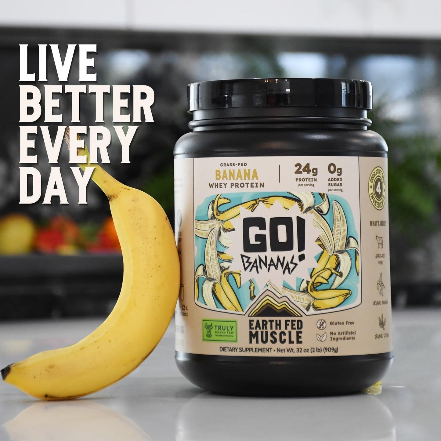 Earth Fed Muscle Go! Bananas Irish Grass-Fed Whey Protein Isolate Powder Banana Flavor, 32 Servings