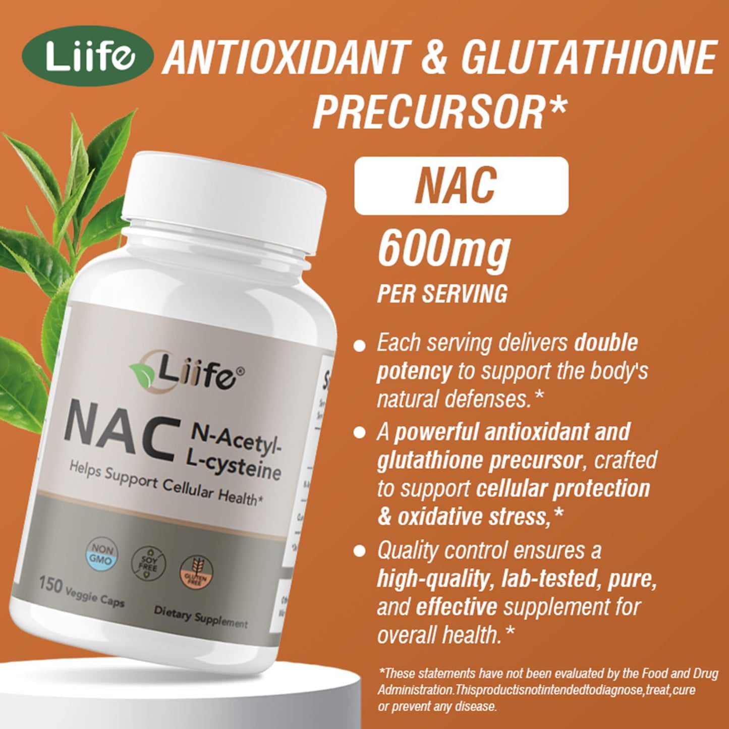LIIFE NAC (N-Acetylcysteine) 600mg with L-Methylfolate and Quercetin Capsules, 150 Count