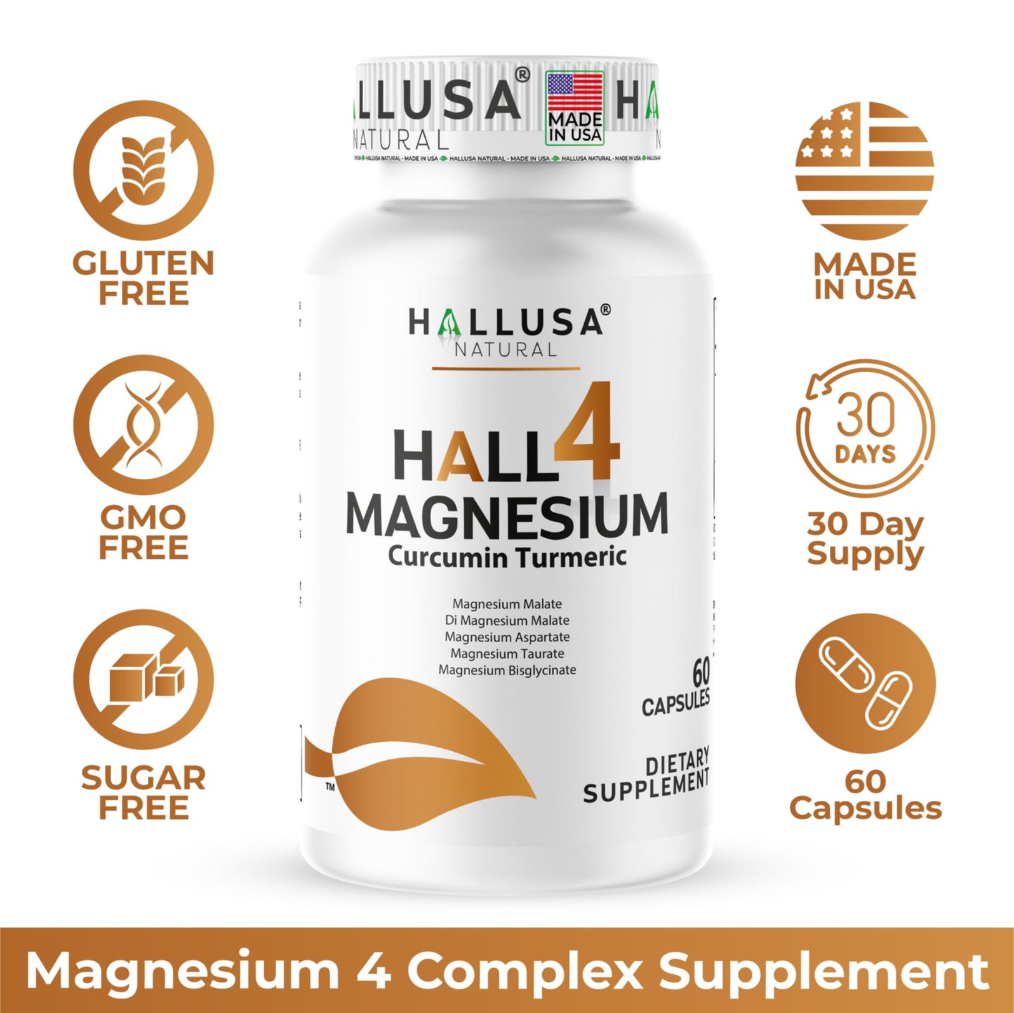 Hallusa Natural Hall4Magnesium 4 Magnesium Complex + Curcumin Turmeric, 60 Capsules
