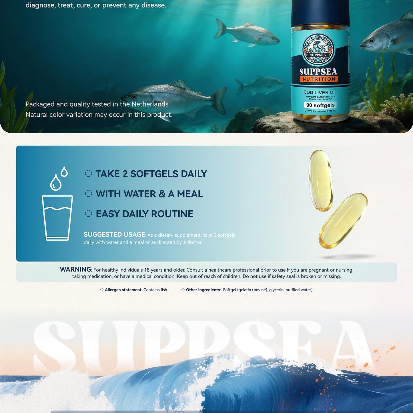 SUPPSEA Cod Liver Oil 2,000 mg with Vitamins A & D3, EPA, DHA, Extra Strength Softgels, 90 Count