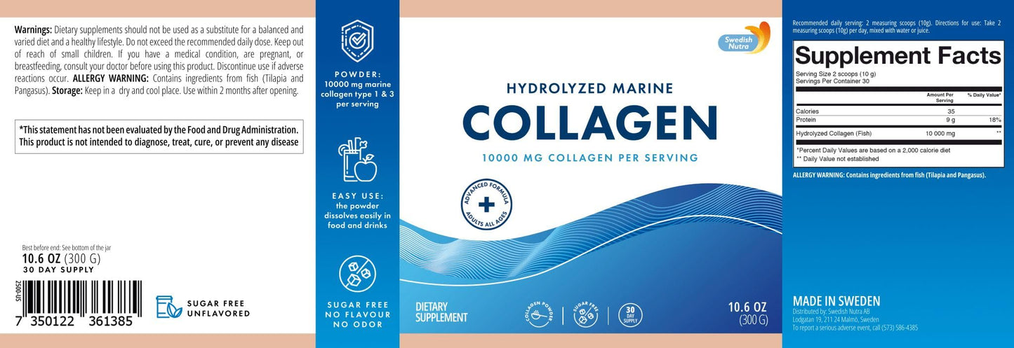 Swedish Nutra Hydrolysed Marine Collagen Powder 10.58 oz