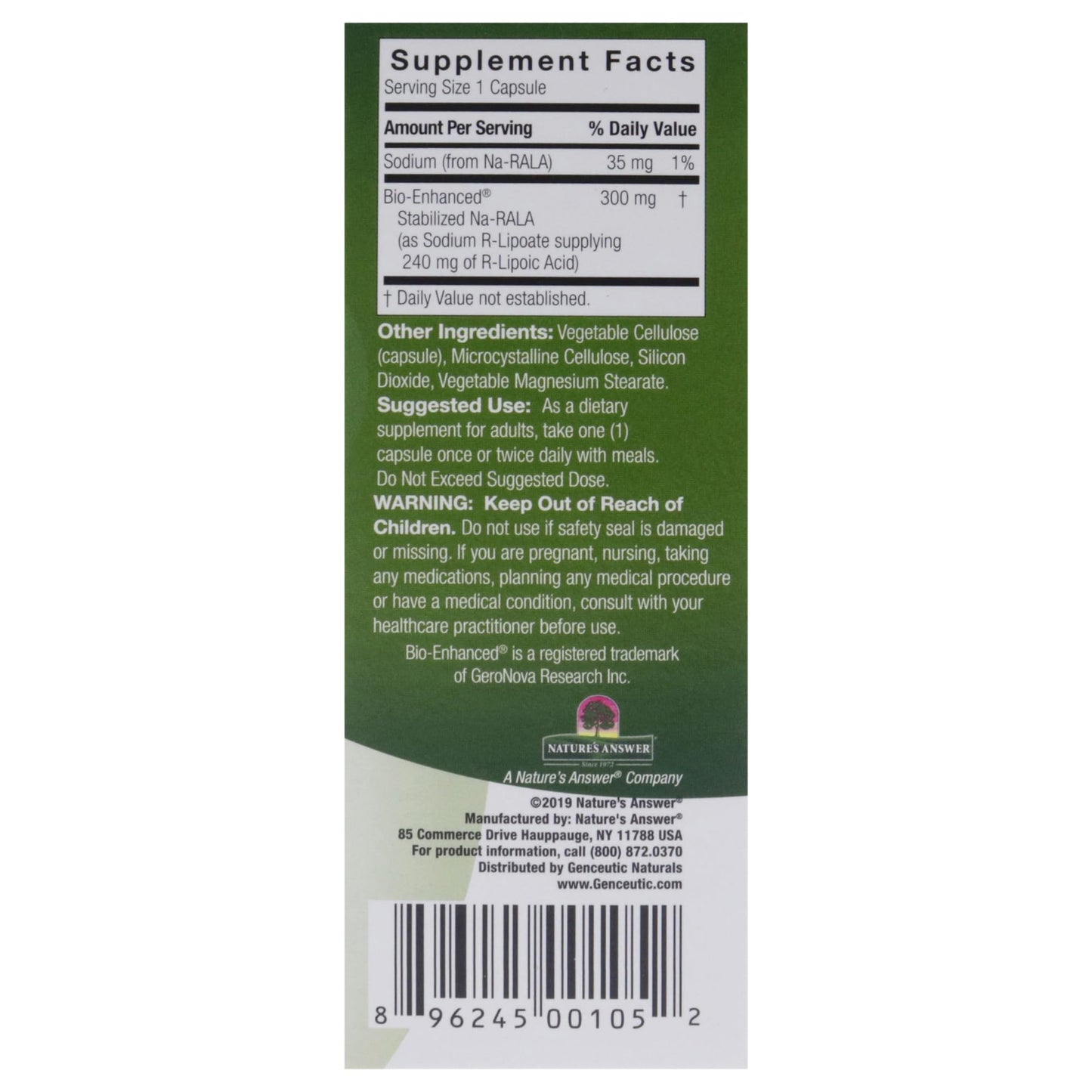 Genceutic Naturals R-Lipoic Acid Dietary Supplement 60 Capsules