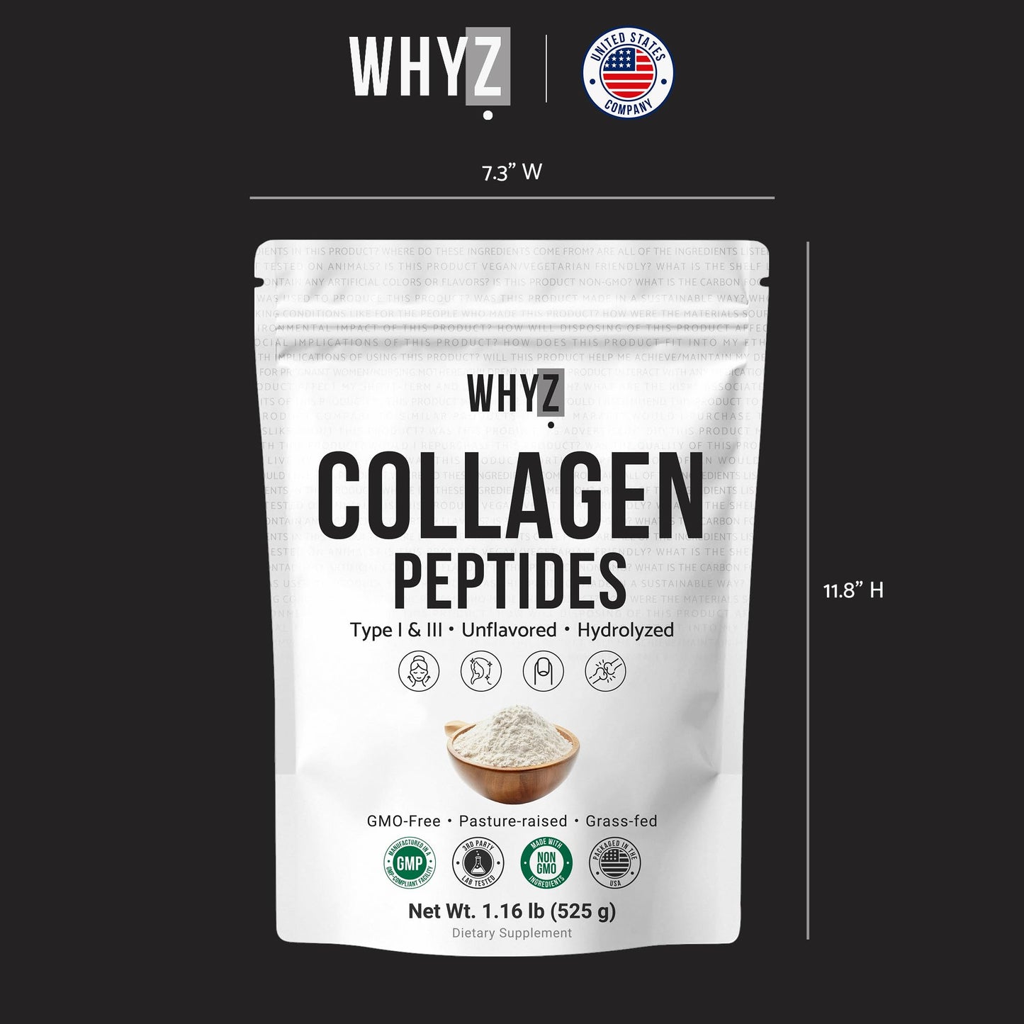 WHYZ Bovine Collagen Peptides Powder Hydrolyzed Type I & III, 19.2 oz