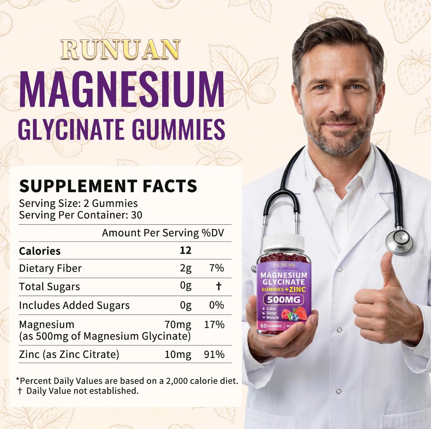 RUNUAN Magnesium Glycinate Zinc Gummies, 120 Gummies