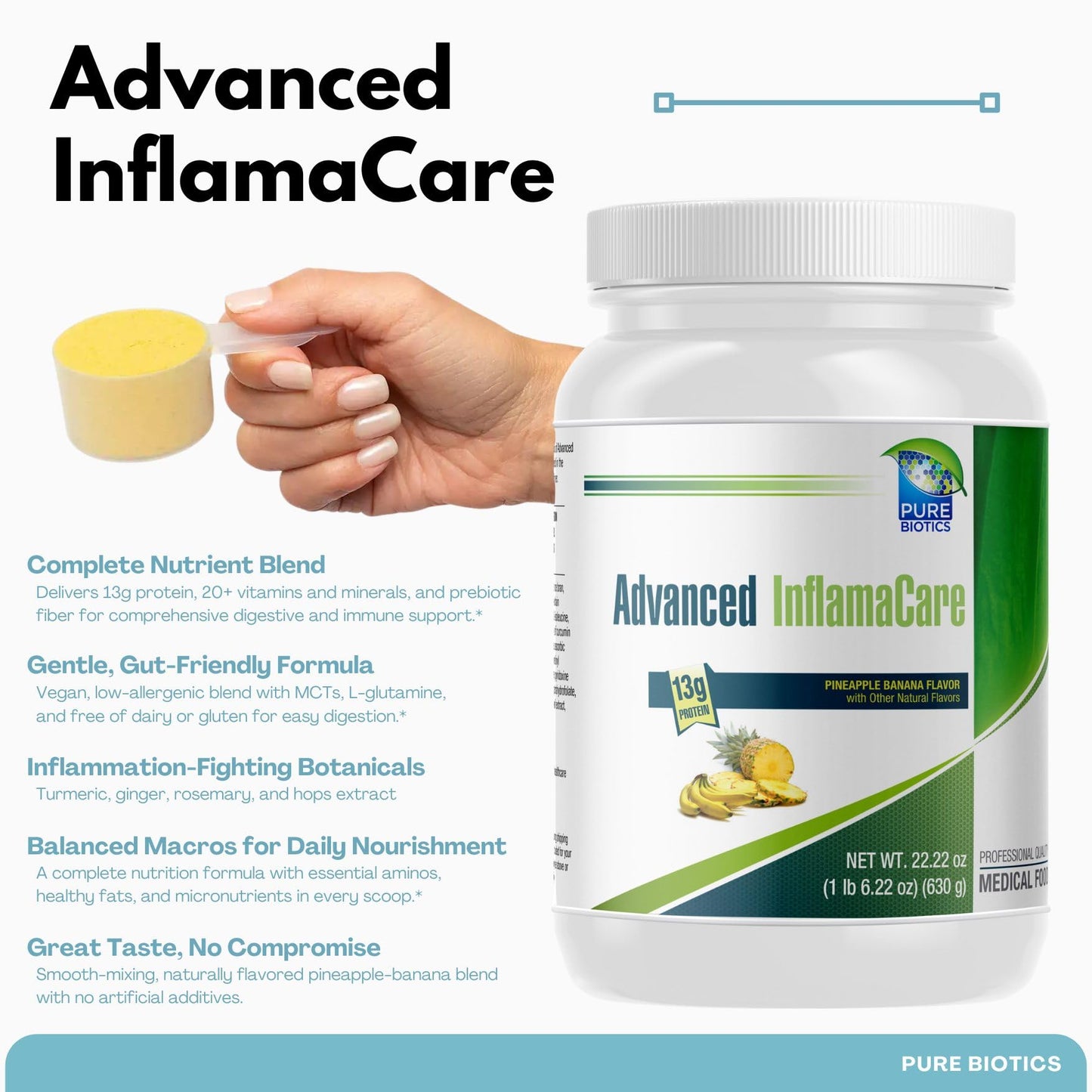PURE BIOTICS Advanced InflamaCare Protein Powder Plant-Based Gut & Immune Support 22.22 oz