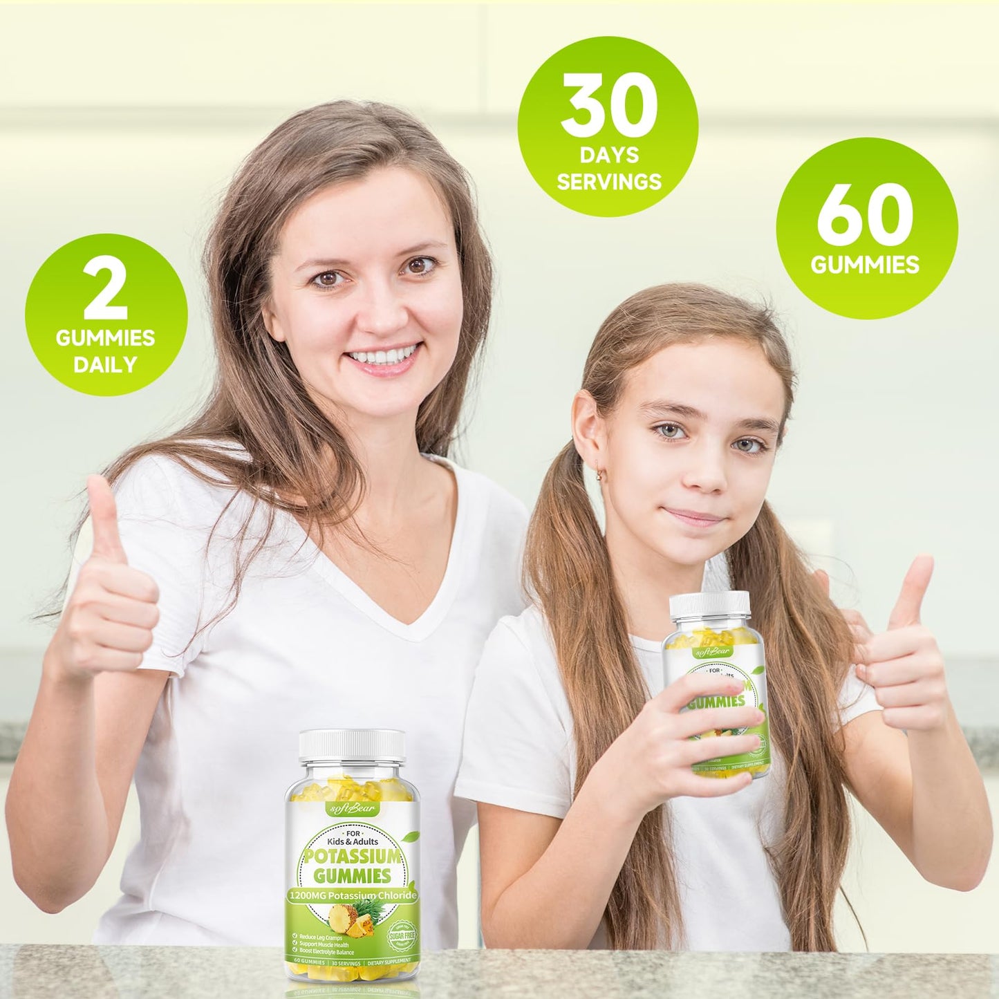 Softbear Potassium Chloride Gummies 1200mg, Sugar-Free Pineapple Flavor, 120 Gummies