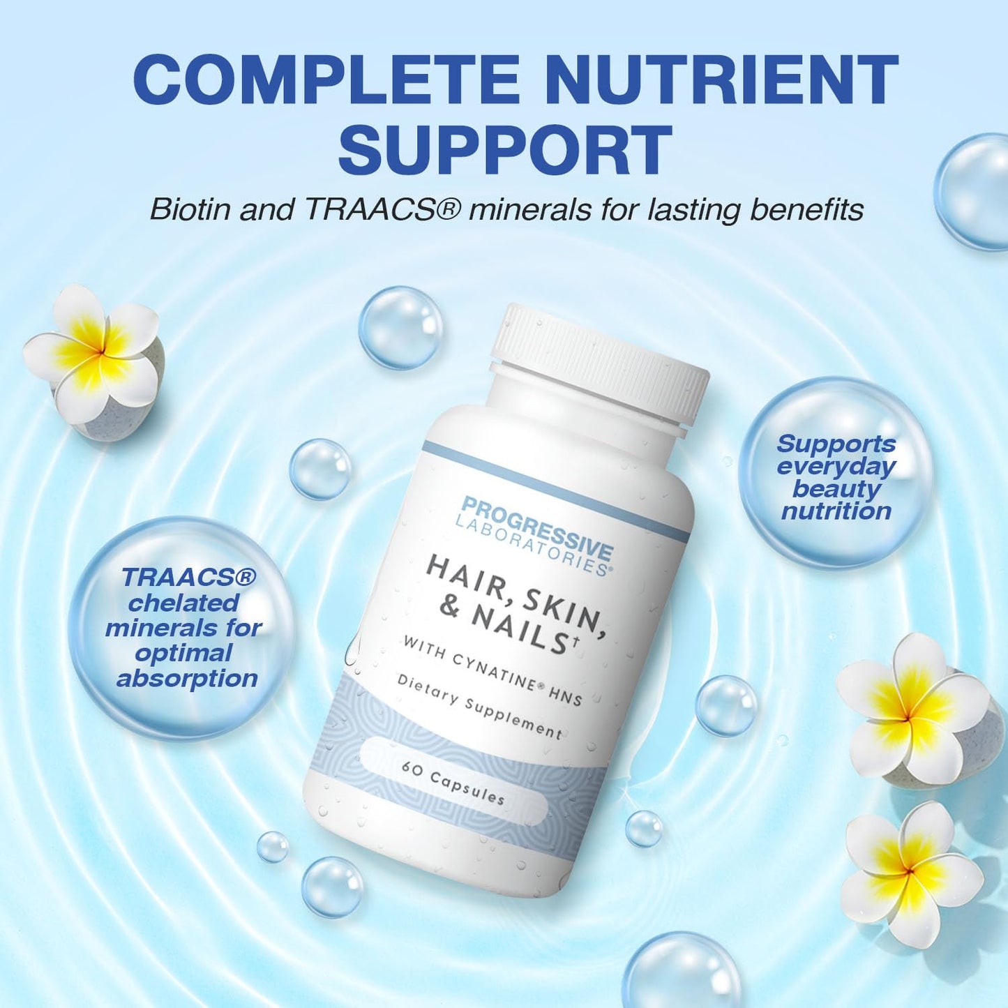 Progressive Laboratories Hair, Skin & Nails Supplement with Cynatine HNS & TRAACS Minerals, 60 Capsules