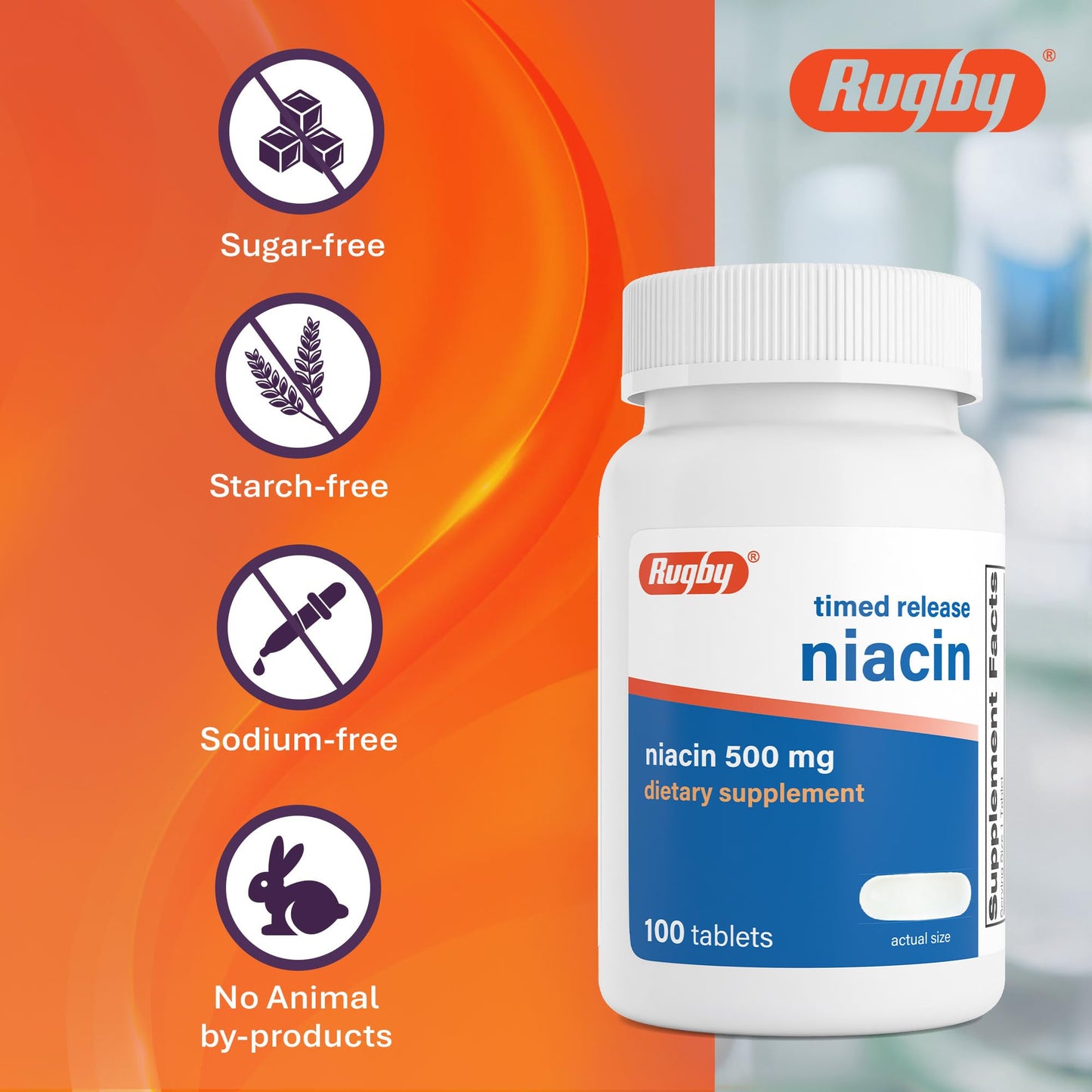 Rugby Laboratories Timed-Release Niacin 500mg with 28mg Calcium Dietary Supplement for Energy, Circulation and Metabolism Support, 100 Tablets