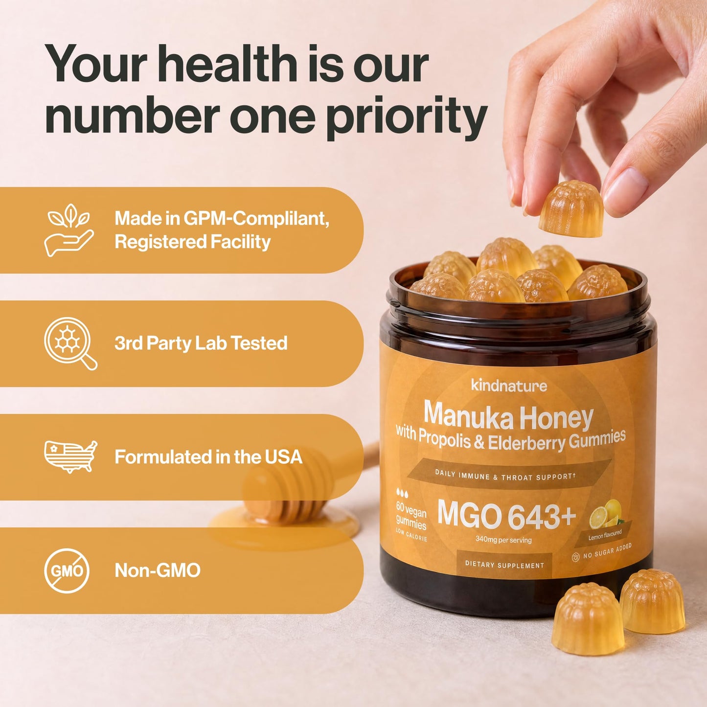 Kindnature Manuka Honey Medical Grade Gummies MGO 643+ with Zinc, Vitamin C, Elderberry - Throat Comfort & Immune Support - 60 Gummies