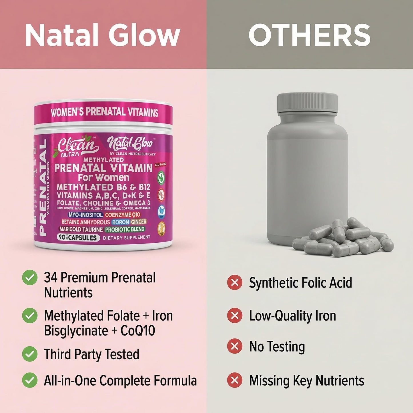 Clean Nutraceuticals Natal Glow Methylated Prenatal Vitamins for Women Capsules 90 Count