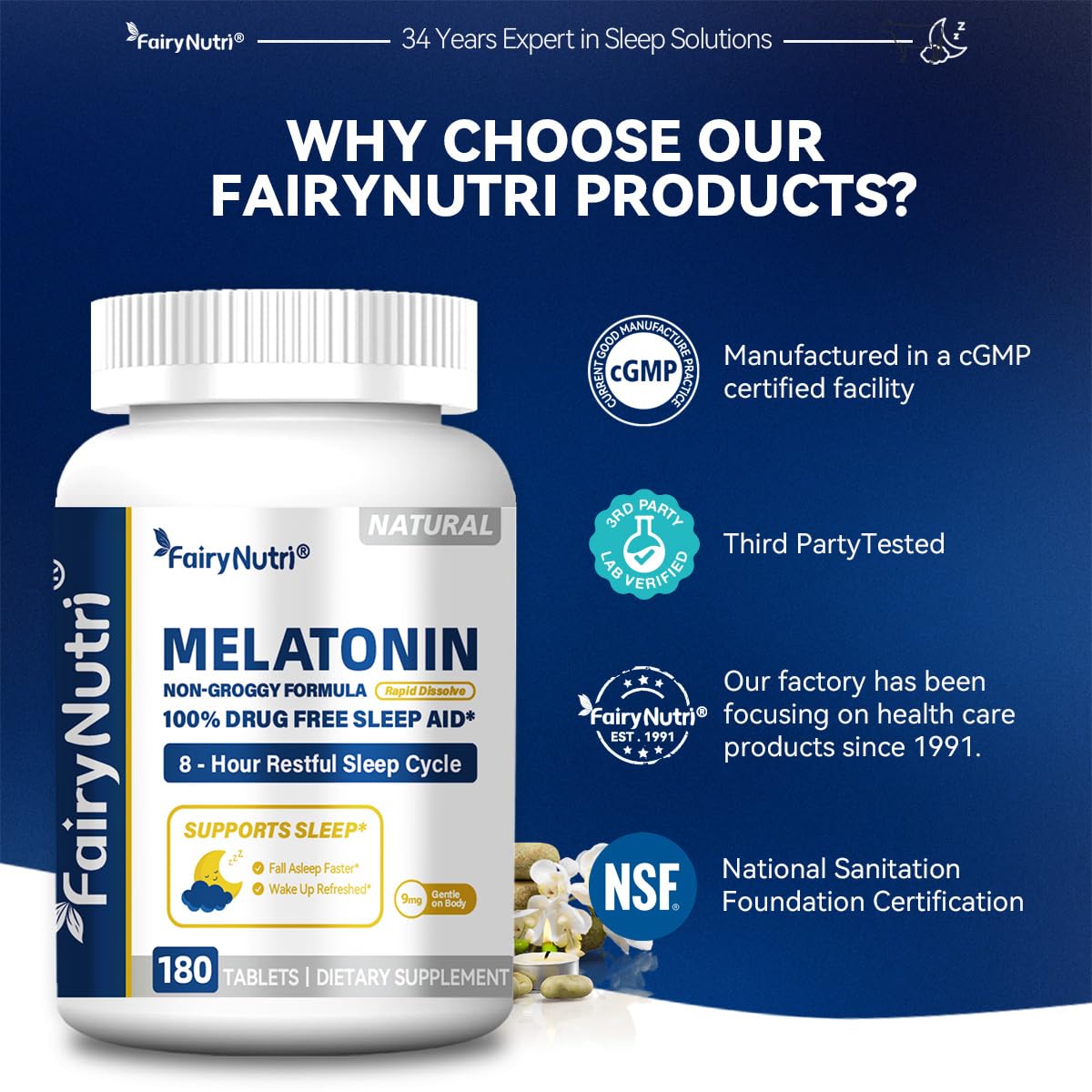 fairynutri Melatonin 9mg Non-Groggy Formula 100% Drug Free Sleep Aid Tablet 180 Tablets
