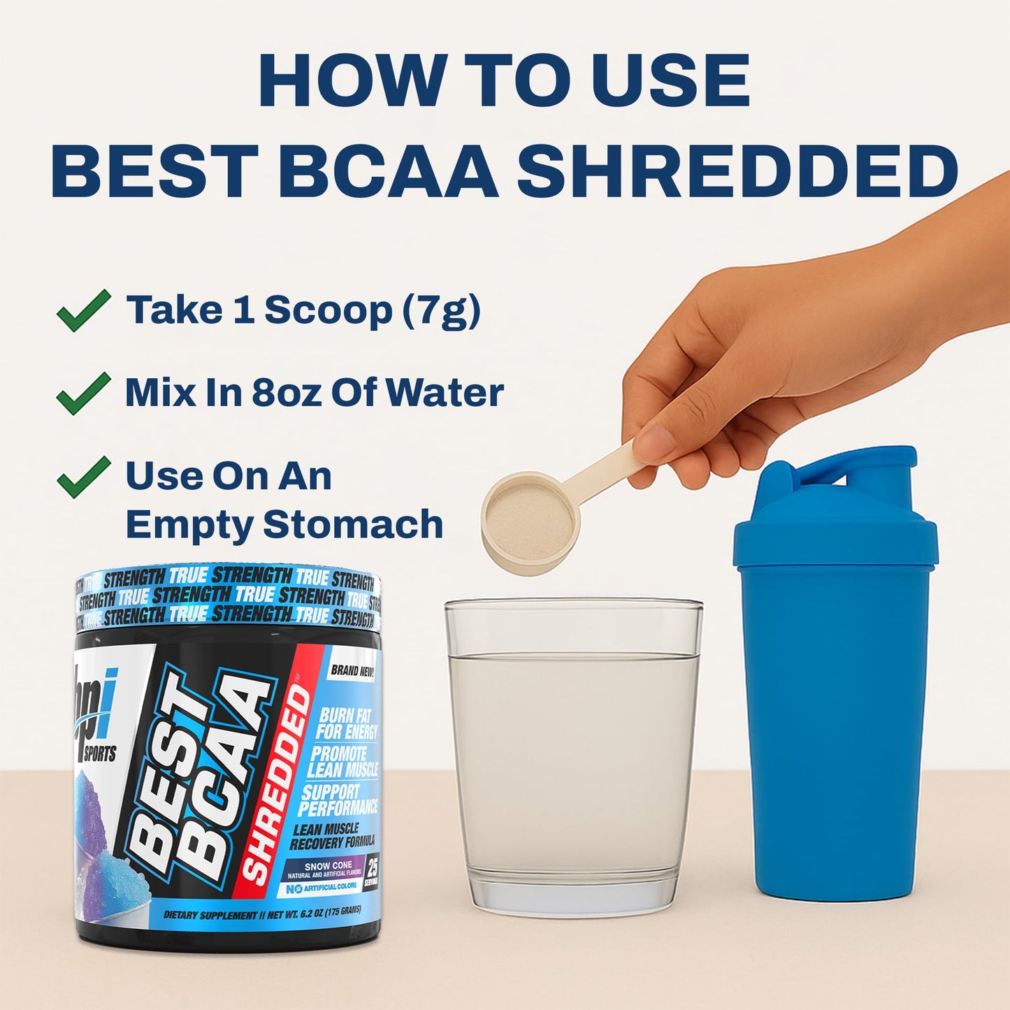 BPI Sports Best BCAA Shredded - Caffeine Free Thermogenic Recovery Drink, Lean Muscle Building BCAA Powder For Women and Men, Preworkout BCAAs Amino Acids Drink- Snow Cone, 7.3 Ounce