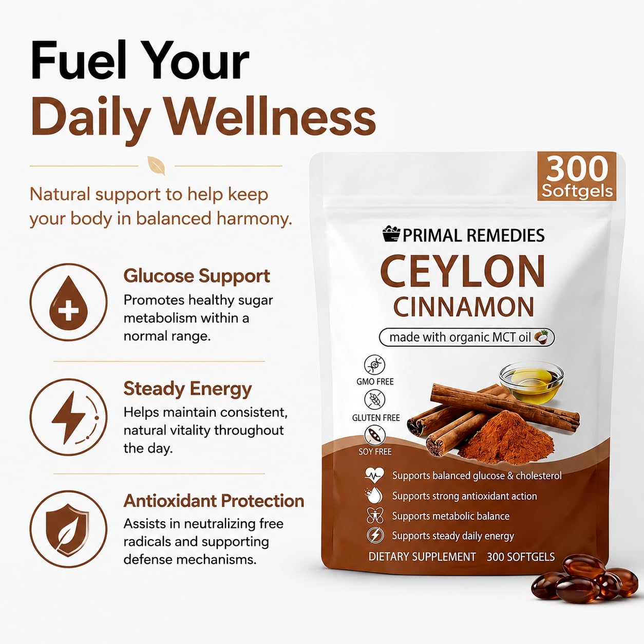 PynkLily Primal Remedies Ceylon Cinnamon Capsules with MCT Oil, 300 Capsules