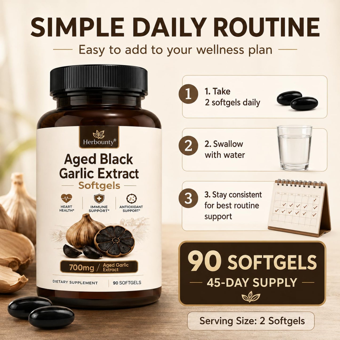 Herbounty Odorless Fermented Aged Black Garlic Extract 700mg Capsule 90 Count