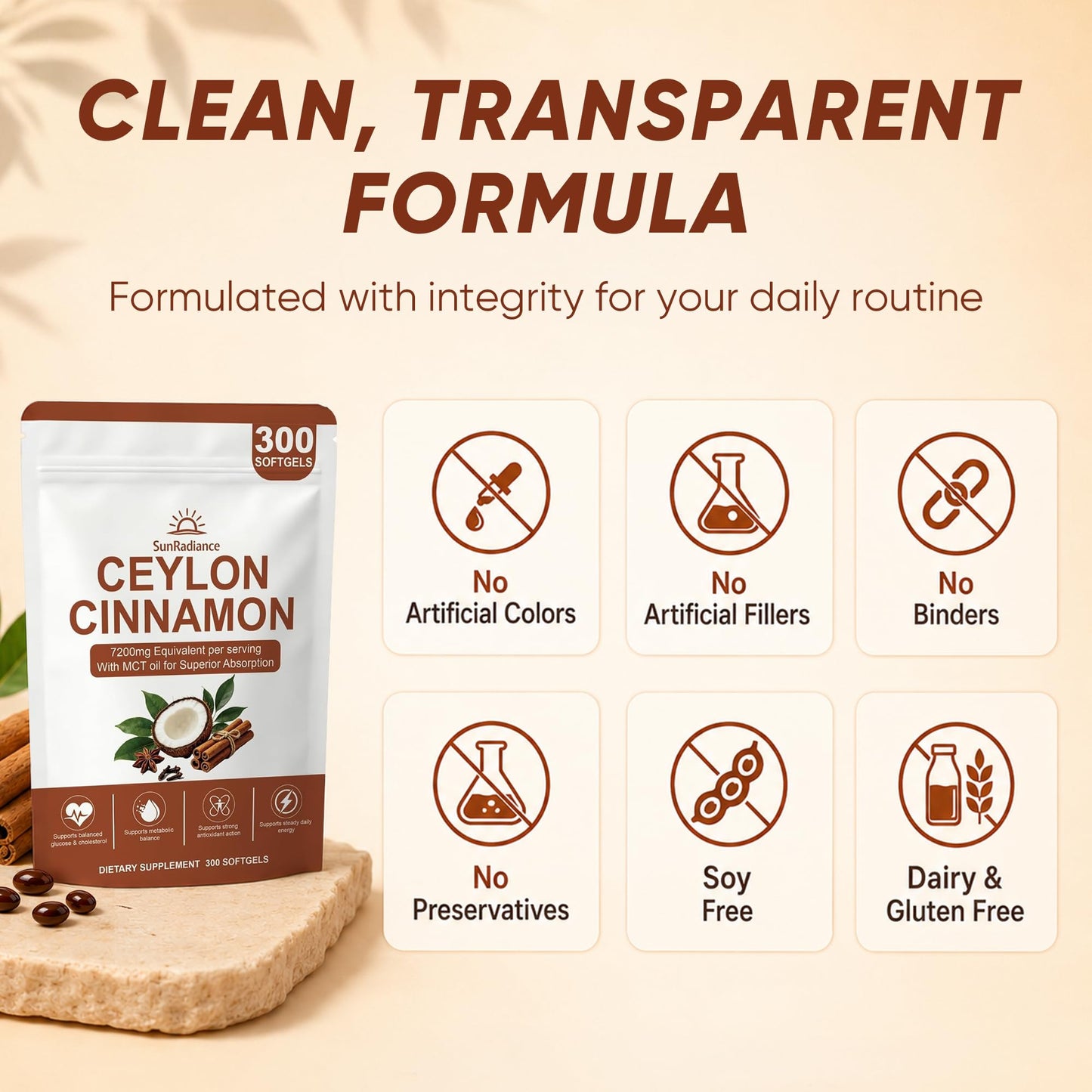 Sun Radiance Ceylon Cinnamon Softgels 600mg with MCT Oil - High Bioavailability Digestive Comfort & Overall Wellness, 300 Softgels