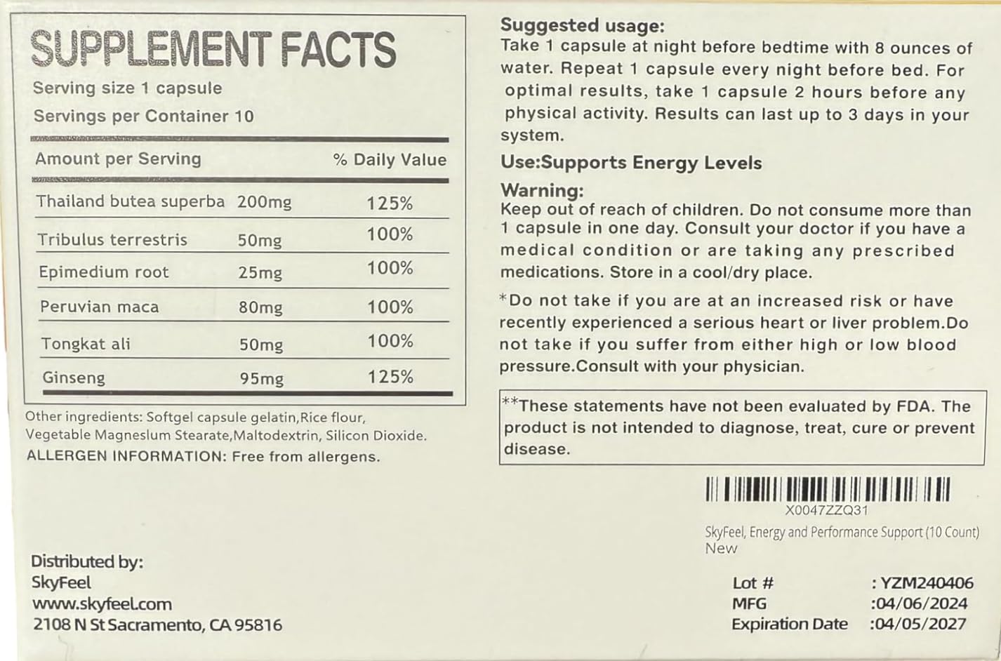 SkyFeel Sports Nutrition Supplement Capsule 10 Count