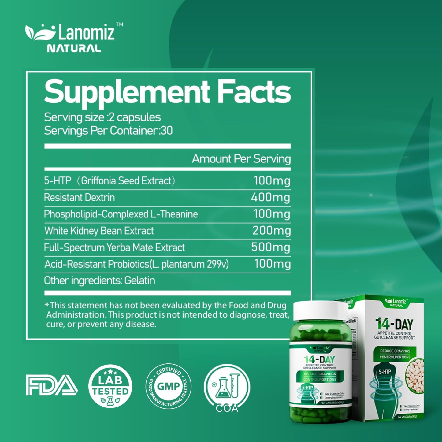 Lanomiz 14DAY Appetite & Craving Control Gut Health Complex Featuring Delayed-Release Probiotics & White Kidney Bean Extract 5-HTP(5-hydroxytryptophan) Capsules, 60 Count
