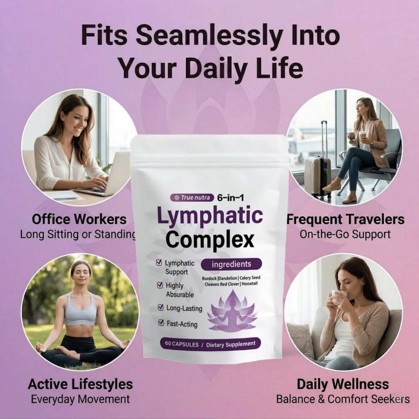 True Nutra Lymphatic Complex 6 in 1, Lymphatic Drainage with Burdock, Dandelion, Kelp Cleavers for Balance Cortisol & Skin Vitality Caplets, 60