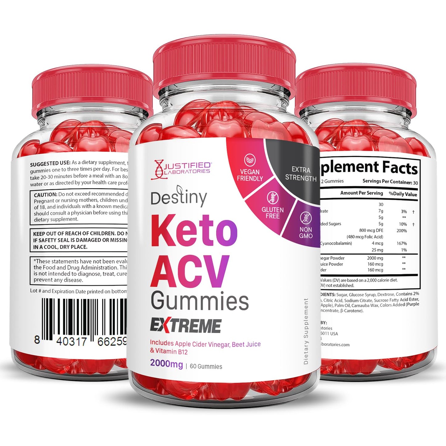Justified Laboratories Destiny Keto ACV Gummies Extreme (2000 mg) Gummies, 60 Count