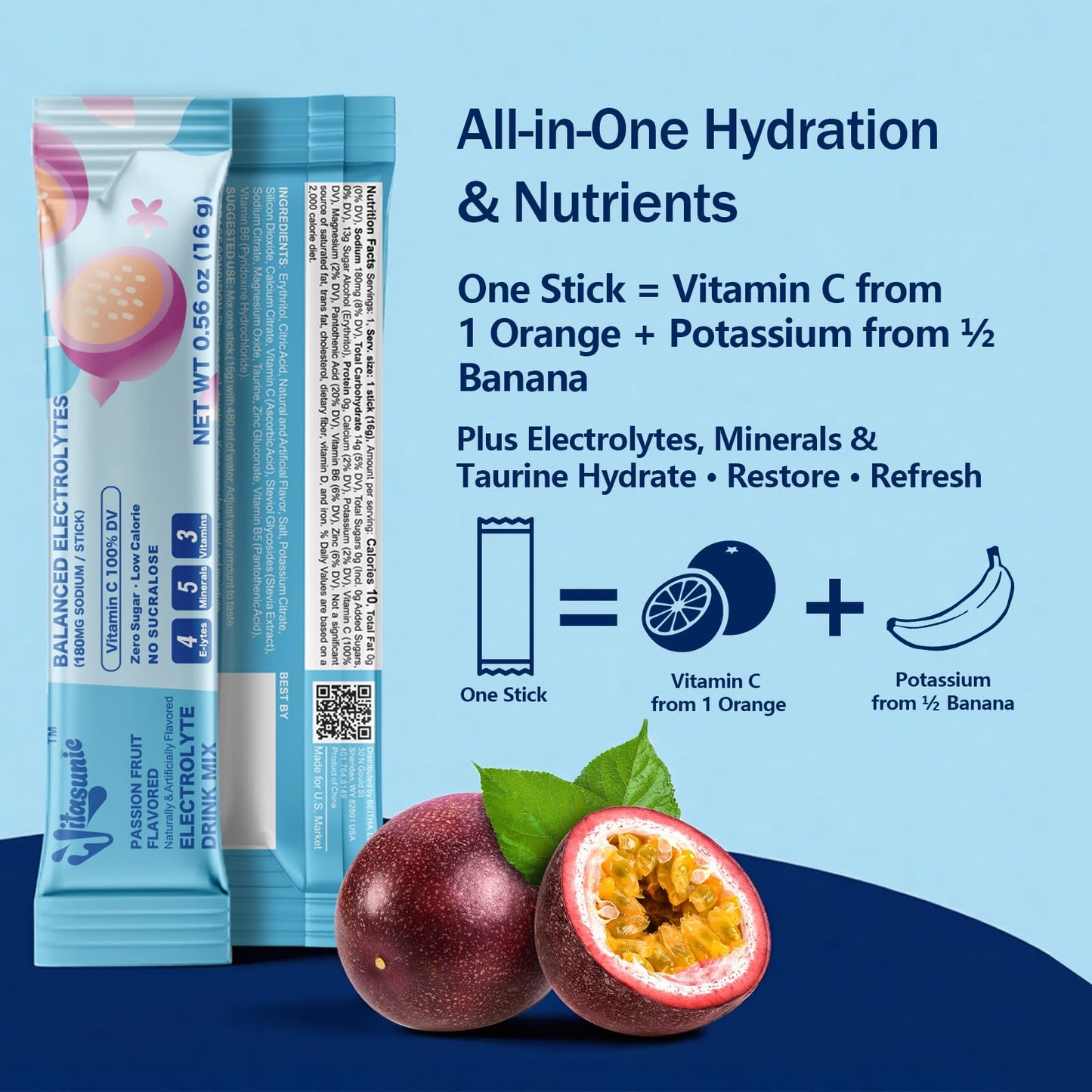 VITASUNIC Electrolyte Powder Packets, 12 Sticks, Passion Fruit, Sugar Free