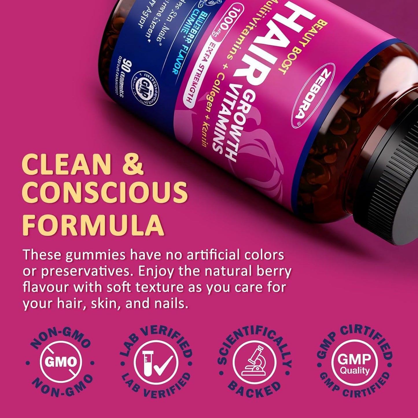 ZEBORA Biotin Gummies with Hyaluronic Acid, Keratin and Collagen – Extra Strength Hair Skin and Nails Vitamins for Women and Men, 90 Gummies