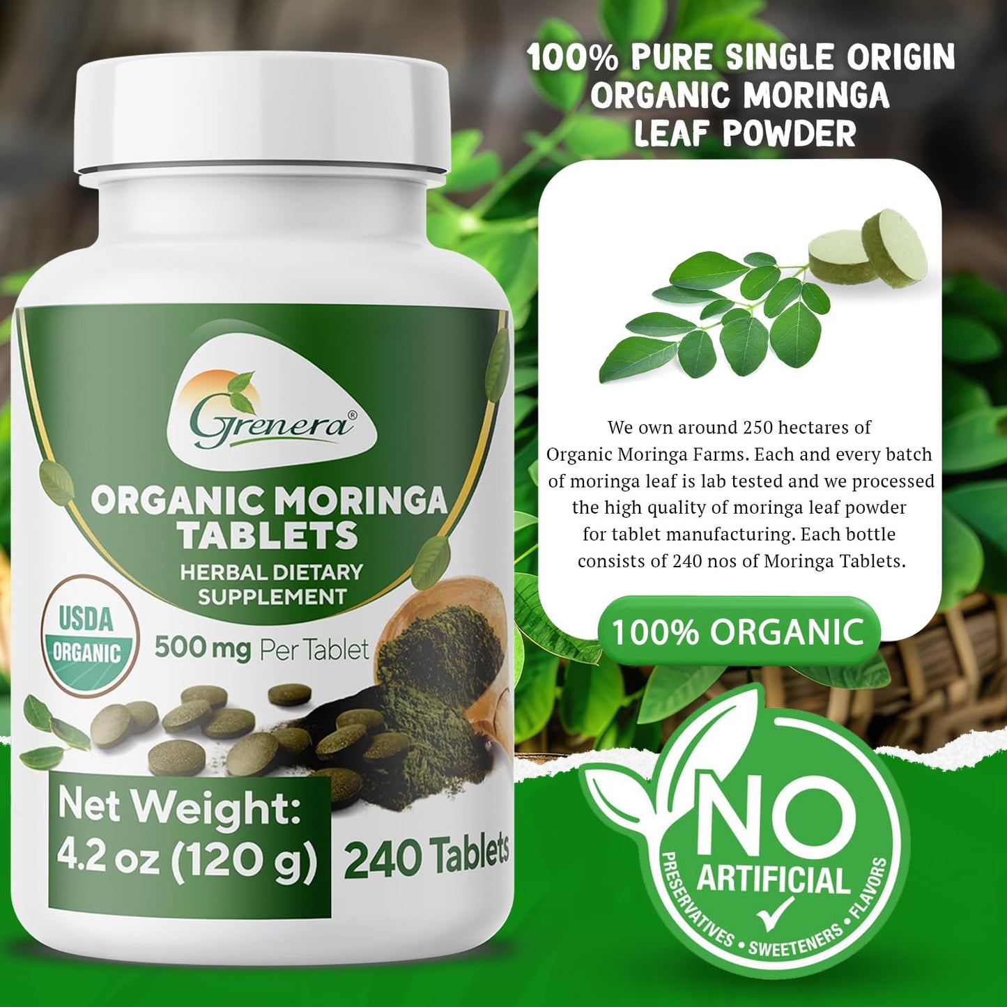 Grenera Organic Moringa Tablets, 500mg per Tablet, 240 Tablets