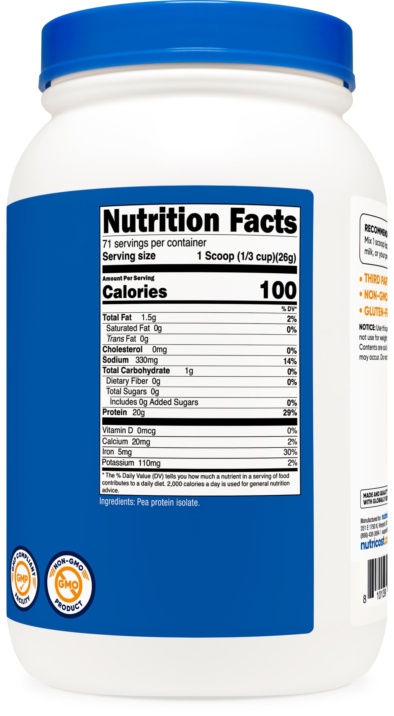 Nutricost Pea Protein Powder, Unflavored, 4.05 lb, Pack of 1
