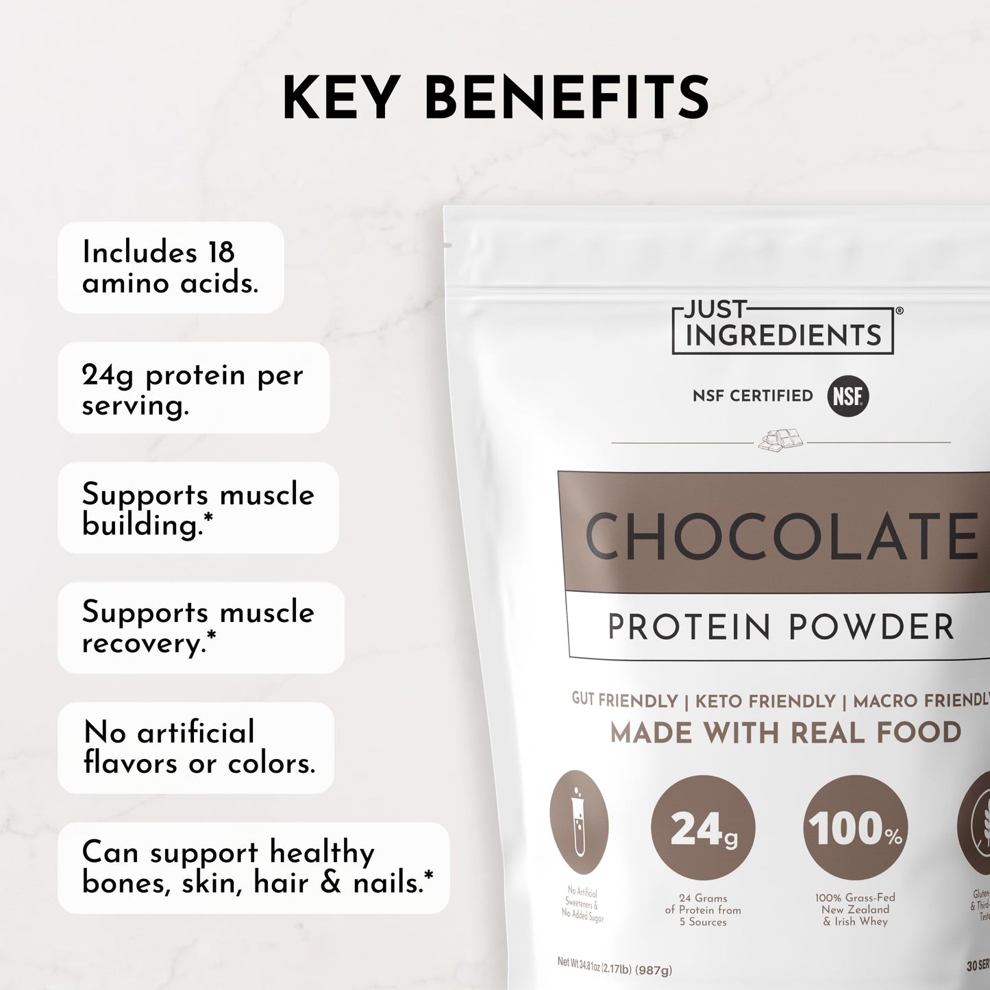 JUST INGREDIENTS Chocolate Protein Powder, 30 Servings
