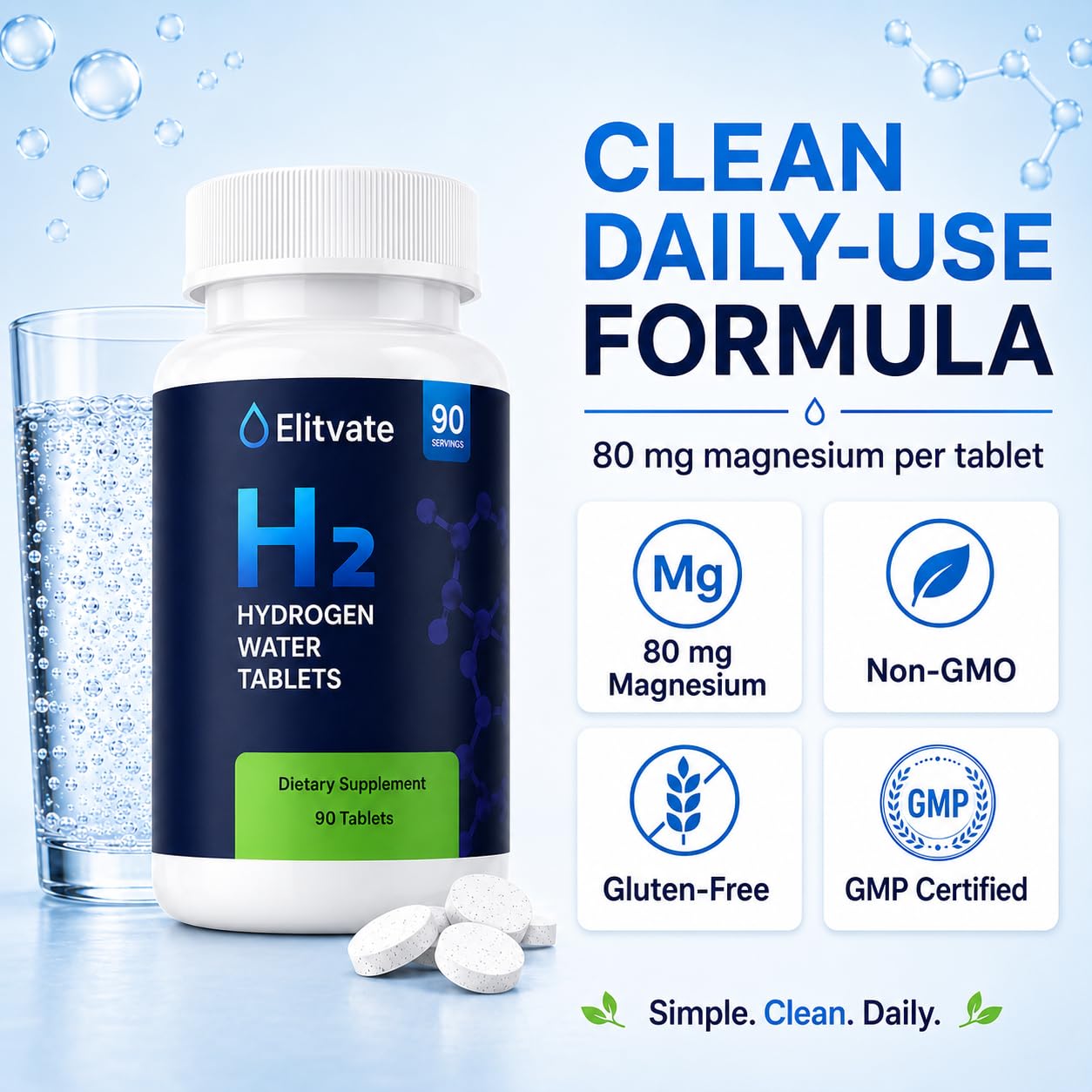 Elitvate Hydrogen Water Tablets with Magnesium, 90 Count