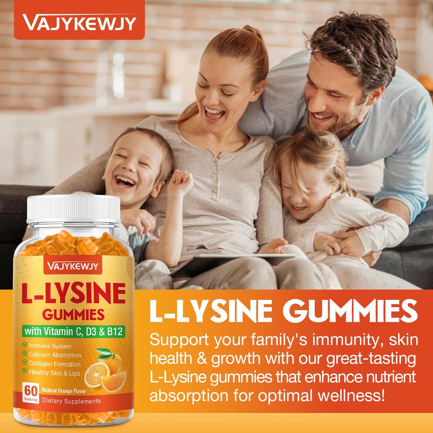 VAJYKEWJY L-Lysine Gummies 1000 mg for Immune Support, 60 Count