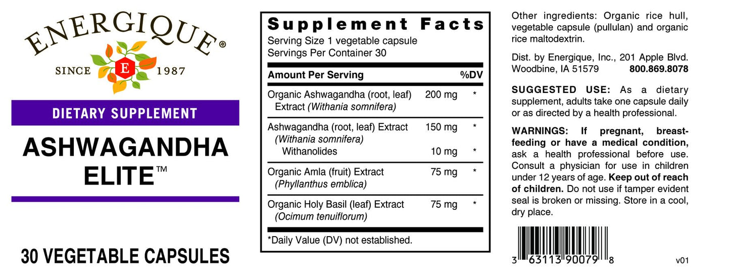 Energique Ashwagandha Elite with Root and Leaf Extracts 30 Capsules