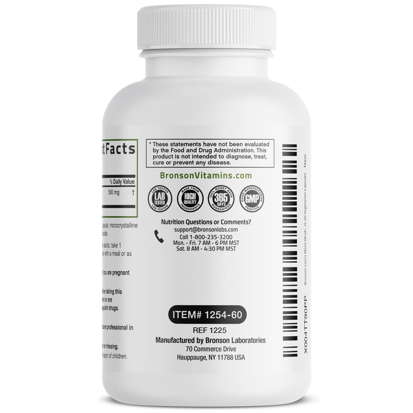 Bronson Lion's Mane Mushroom 500mg Hericium Erinaceus Non-GMO, 60 Capsules