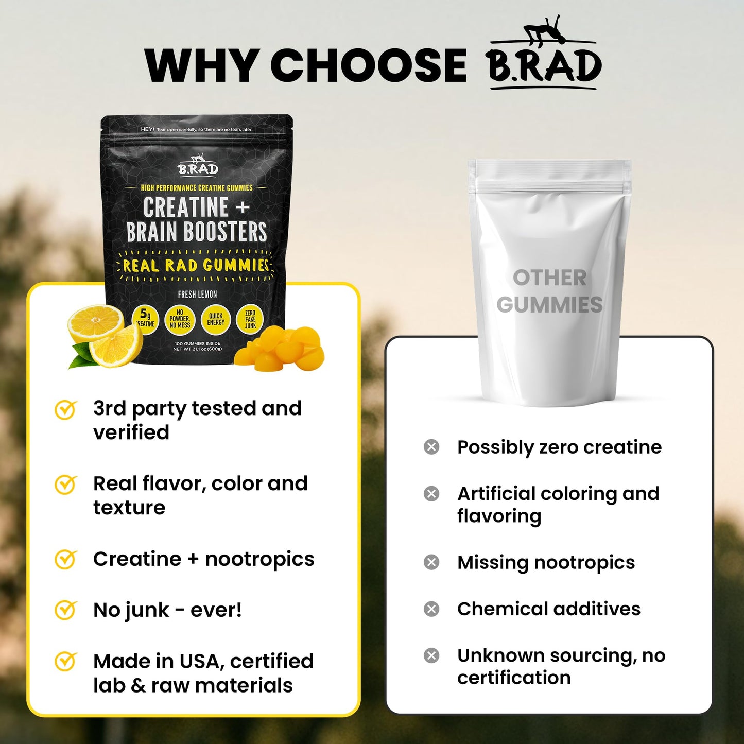 B.rad Real Rad Gummies Creatine Monohydrate + Nootropics for Focus & Muscle Recovery, 100 Gummies