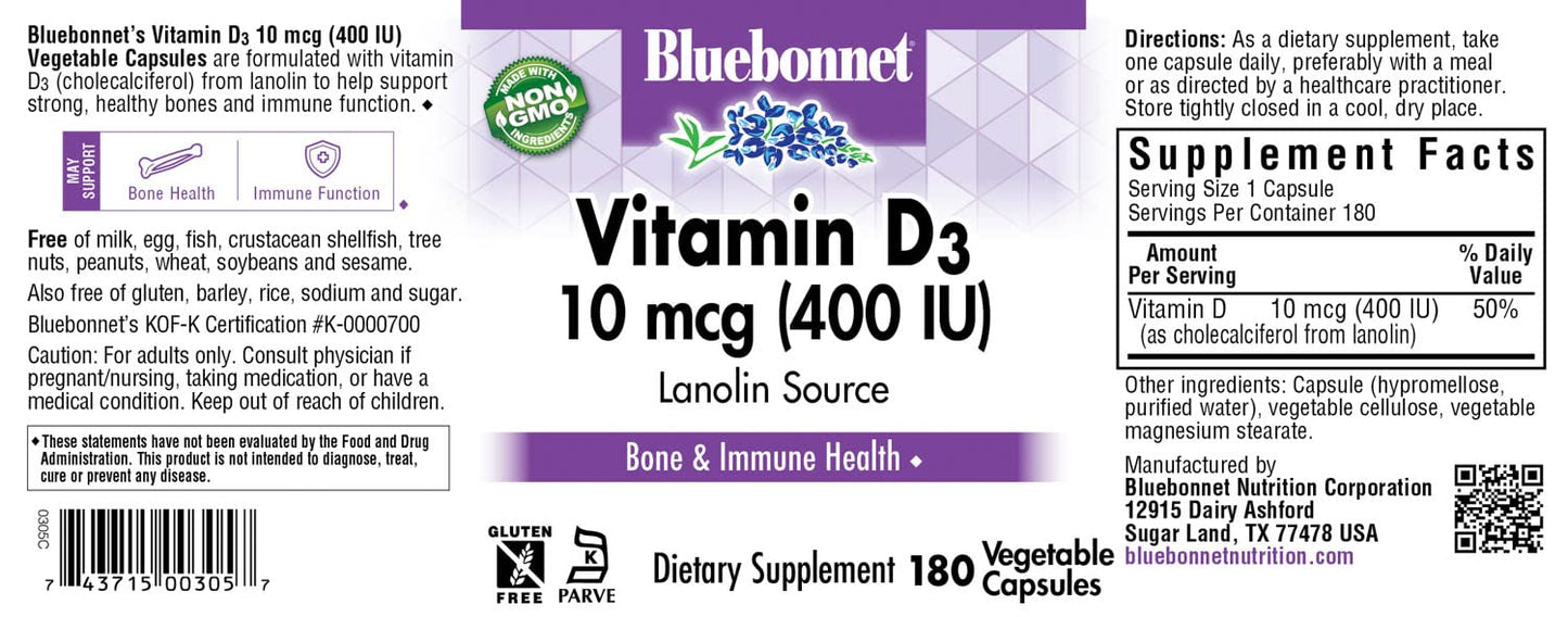 BlueBonnet Vitamin D3 400 IU Capsule, 180 Count