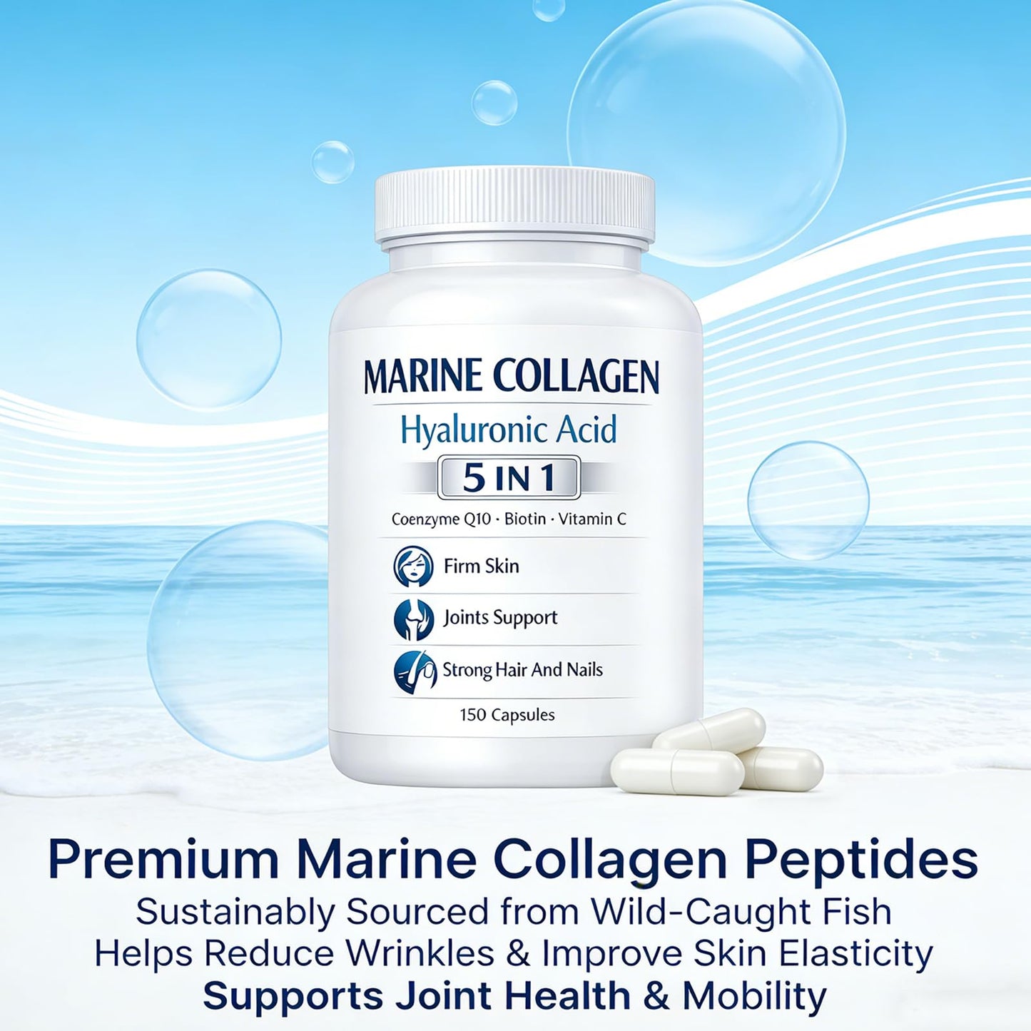 Roreiye Marine Collagen + Hyaluronic Acid 5 in 1 Premium Formula Capsules, 150 Count