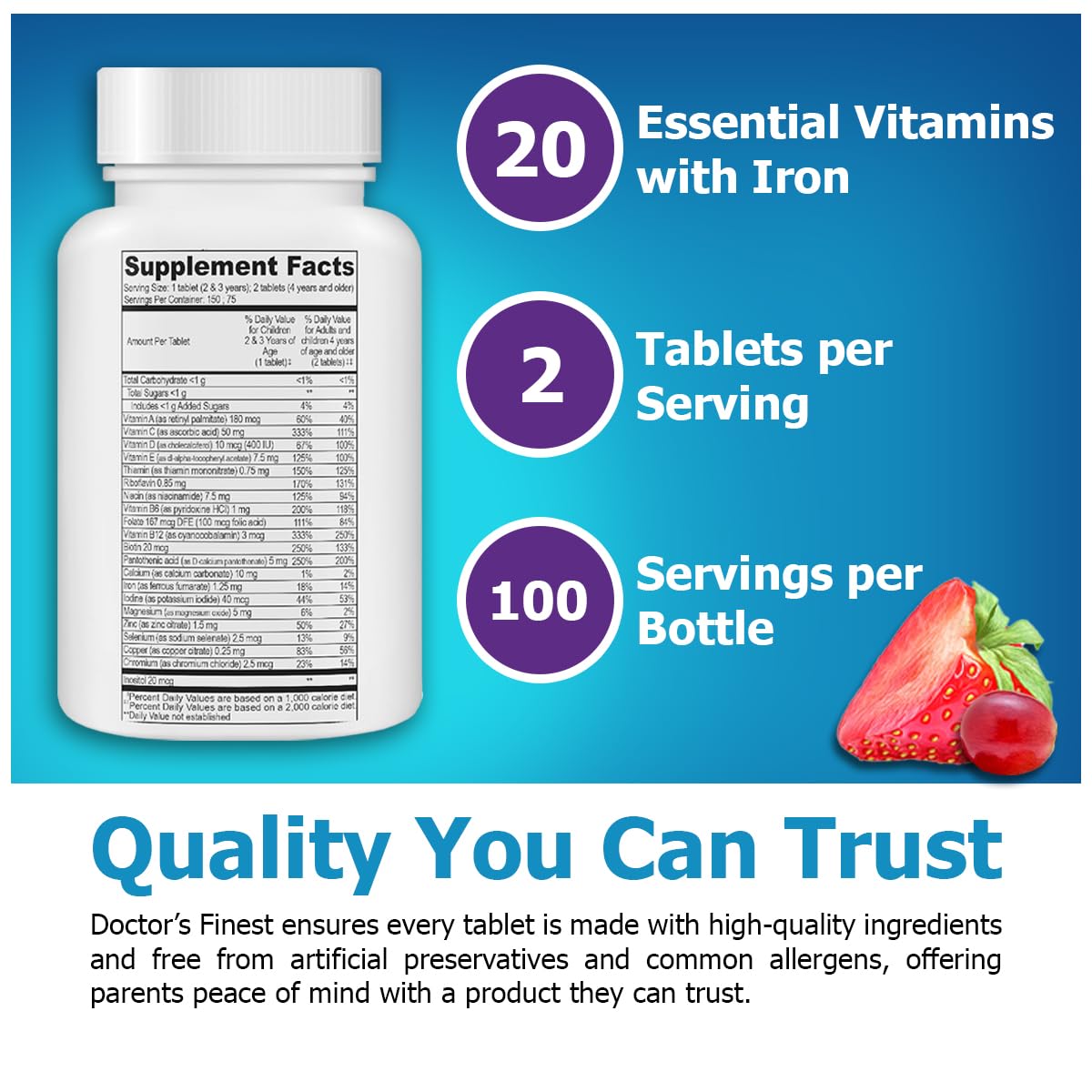 Doctor's Finest Kids Multivitamin & Multimineral with Iron, Grape & Berry Chewable Tablets, 150 Tablets