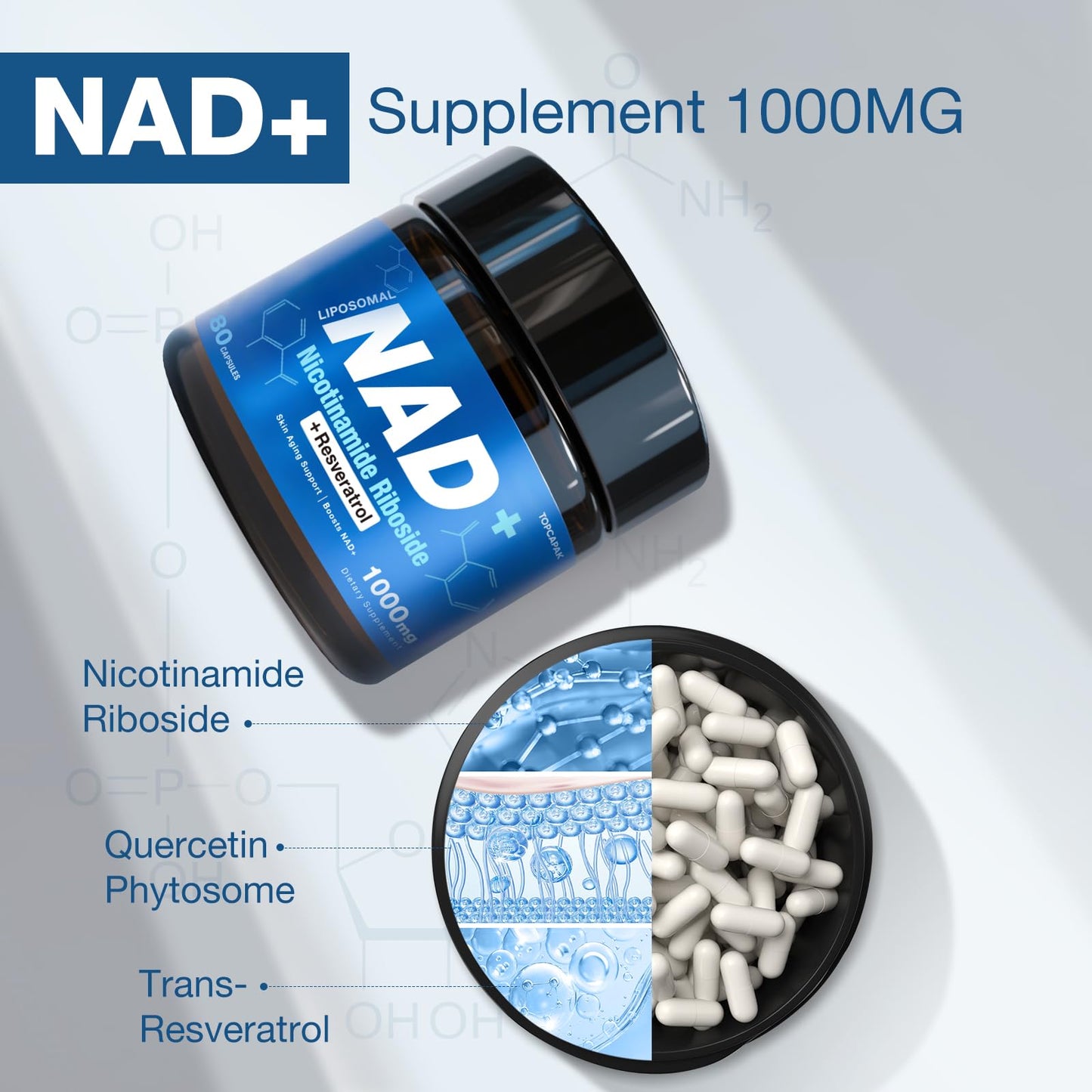TOPCAPAK NAD+ Supplement - Nicotinamide Riboside Resveratrol, Liposomal NAD+ 1000mg Capsule, Non-GMO, 80 Capsules